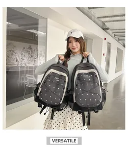 Stylish casual grey backpack with cute blue hearts, multi-pocket school bag for daily commute.