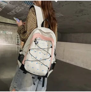 Detail shot of white pink heart print sweet cool backpack student campus commute travel bag