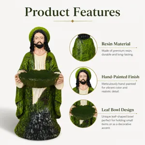Resin Jesus figurine detail showcasing hand-painted finish and unique leaf bowl design.