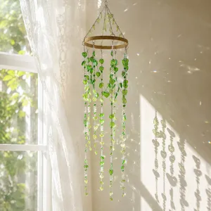 Forest Style Bamboo Ring Green Heart Leaf Crystal Metal Wind Chime Hanging Decoration For Home Balcony Garden Window Decor
