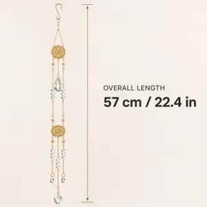 Crystal suncatcher hanging decoration with golden metal chains and sparkling teardrop beads.