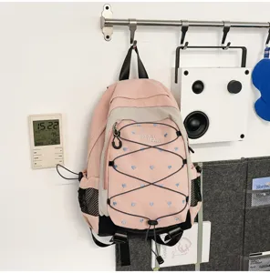 Pink and white cute heart print backpack student campus commuting outdoor sports rucksack