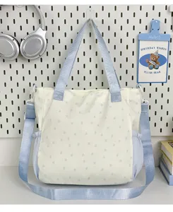 Bolso tote de lona con estampado de estrellas azules, bonito bolso de hombro estilo japonés.