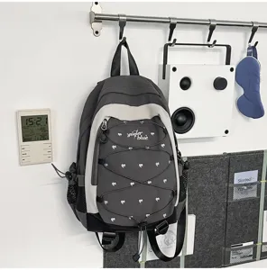 Grey and light grey heart print double shoulder backpack for school student daily commute outdoor travel.