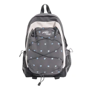 Casual Nylon Backpack Heart Print Contrast Color Fashion School Bag For Women Teenagers Travel Outdoor Waterproof Rucksack
