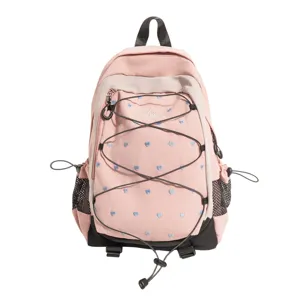 Pink white backpack with blue heart embroidery, cute style student campus daily school bag.