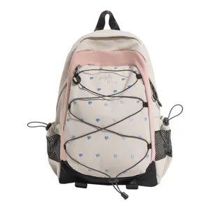 Cute pink and white heart embroidered backpack, sweet cool style school bag for daily commuting.