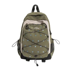 Green heart embroidered canvas backpack for school student campus daily commuting casual