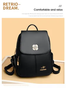 Stylish women's black leather backpack, large capacity casual daypack for school and travel.