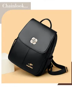 Stylish black soft leather backpack for women, Korean fashion casual travel school bag.