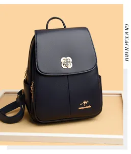 Close-up detail of the navy blue soft leather women backpack showing metal clover clasp.
