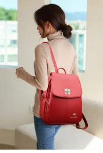 Stylish red leather women backpack for daily wear, Korean fashion school bag and travel daypack.