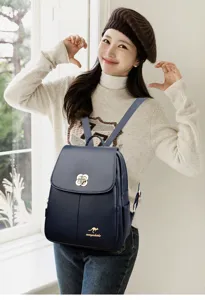 Korean style soft leather backpack for women, large capacity travel school bag dark blue.