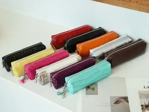 Trousse à crayons en cuir véritable pochette de rangement multicolore pour bureau et école