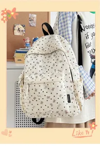 Corduroy backpack for women, cute bow heart print school bag, casual daily travel daypack.