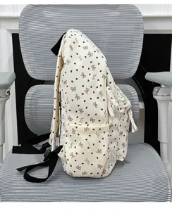 Beige corduroy backpack with cute bow heart print casual school book bag for daily travel