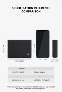 Portefeuille homme en cuir PU comparaison des spécifications de taille vue détaillée.