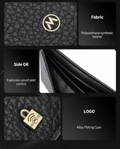 Détail de portefeuille homme en cuir PU montrant texture fine, logo en alliage et fentes.