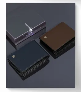 Portefeuille homme en cuir PU vue détaillée en couleur bleu et marron avec coffret cadeau.