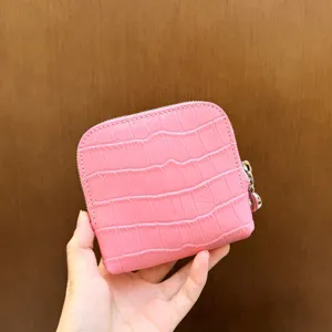 Pink genuine leather crocodile pattern coin purse zipper card holder for women mini wallet.