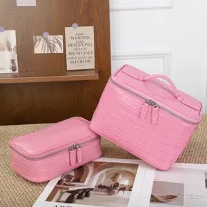 Bolsa cosmética de cuero con patrón de cocodrilo rosa gran capacidad organizador de maquillaje