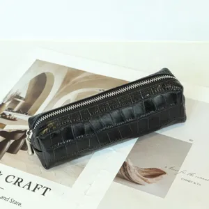 Black crocodile pattern cowhide leather makeup bag, zipper pencil case and daily storage pouch.