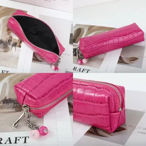 Pink crocodile pattern leather cosmetic pouch, zipper pencil case with bead charms.