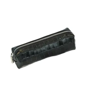 Black crocodile pattern leather cosmetic bag pencil pouch stylish zipper storage organizer