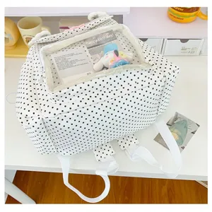 Zaino con pois bianchi e tasca trasparente, graziosa borsa a spalla in stile dolce per ragazze.