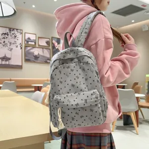 Korean style grey corduroy backpack for women, sweet cute bow heart print school bag.