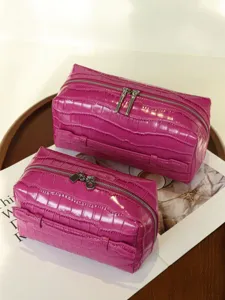 Pink crocodile pattern cosmetic bag large capacity double zipper travel toiletry storage organizer