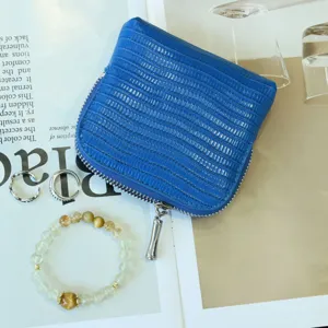 Blue genuine leather crocodile pattern zipper coin purse portable jewelry storage bag compact