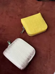 Genuine cowhide leather crocodile pattern zipper coin purse and jewelry pouch detail view.