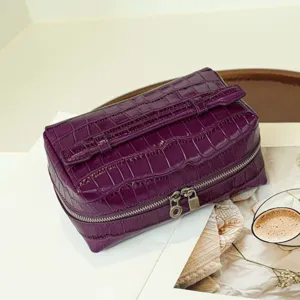 Large capacity crocodile pattern cosmetic bag with double zipper and portable handle for travel.