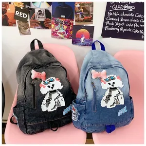 Sac a dos en denim style coreen broderie chiot cartoon grande capacite sac ecole.