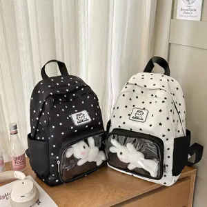 Ins star print ita backpack with transparent front pocket, stylish school bag for women.