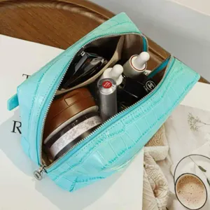 Crocodile pattern cosmetic bag, large capacity double zipper travel makeup toiletry storage pouch.