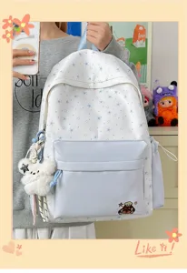 Korean style star print canvas backpack with large capacity, cute bear charm and pocket.