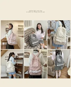 Korean style floral corduroy backpack with sweet lace trim, casual student school bag for daily use.