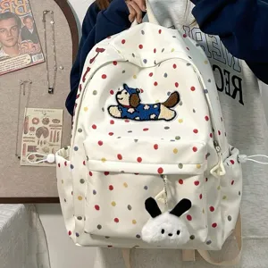 Ins Stil Cartoon Hund Druck Lässiger Rucksack Süße Pünktchen Schultasche Mit Plüsch Anhänger Für Frauen Studenten