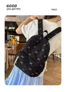 Detailed view of the Korean style quilted bow backpack, showcasing cute bow details and casual design.