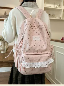 Pink corduroy backpack sweet floral print lace trim cute school bag for women daily casual