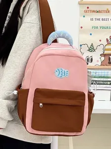 Korean style cute pink brown canvas backpack with fish embroidery for students daily use