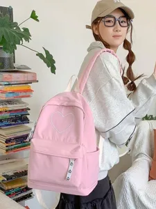 Korean style minimalist pink heart backpack, large capacity student casual school bookbag.