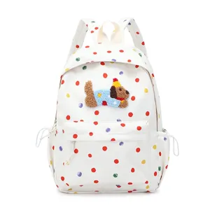 Süßer farbiger Polka-Dot Rucksack mit flauschigem Welpen-Aufnäher, idealer Studentenschulranzen.