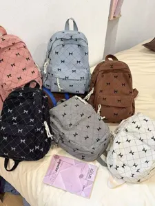 Korean Style Cute Bowknot Plaid Corduroy Casual Backpack For Women Student Bookbag Fashion School Daypack
