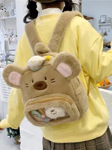 Zaino in peluche da criceto carino, borsa scolastica soffice con finestra trasparente, design.