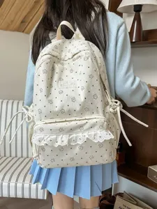 Korean style floral print corduroy backpack women sweet lace school bag casual daypack