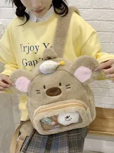 Zaino criceto in peluche per donne, ita bag con tasca trasparente e simpatico design animale.