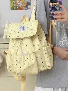 Zaino giallo carino con stampa a fiocco, stile giapponese casual per donne e ragazze.